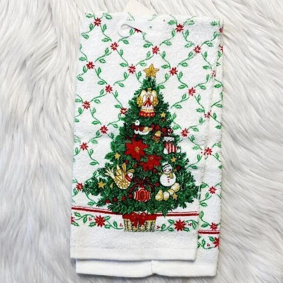 Happy Holidays Christmas Tree Kitchen Tea Towel White and Green - Picture 2 of 4
